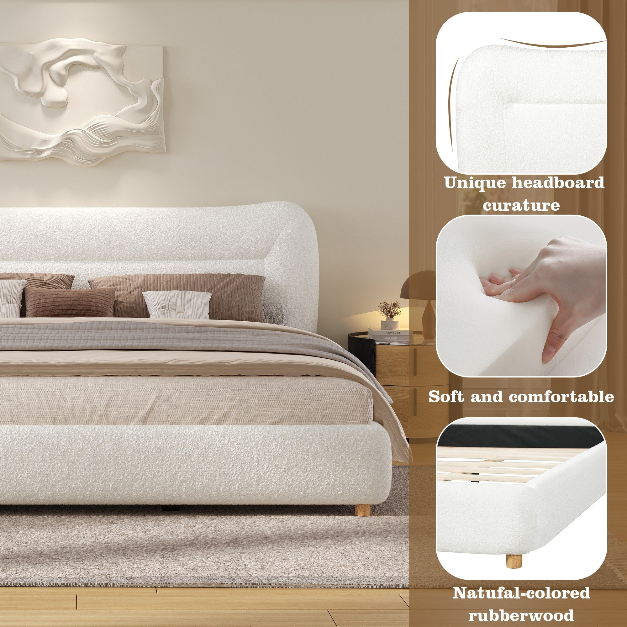Sailvan Queen Minimalist Teddy Fleece Upholstered Bed Frame with Curved Headboard,Soft Plush Platform Bed,800lb Weight Capacity,Easy Assembly