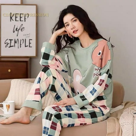 

QWZNDZGR Autumn Sleep Lounge Pajama Long Sleeved Top Polka Dots Women Pajama Sets Cartoon Pyjamas Cotton Sleepwear Women M L XL XXL XXXL