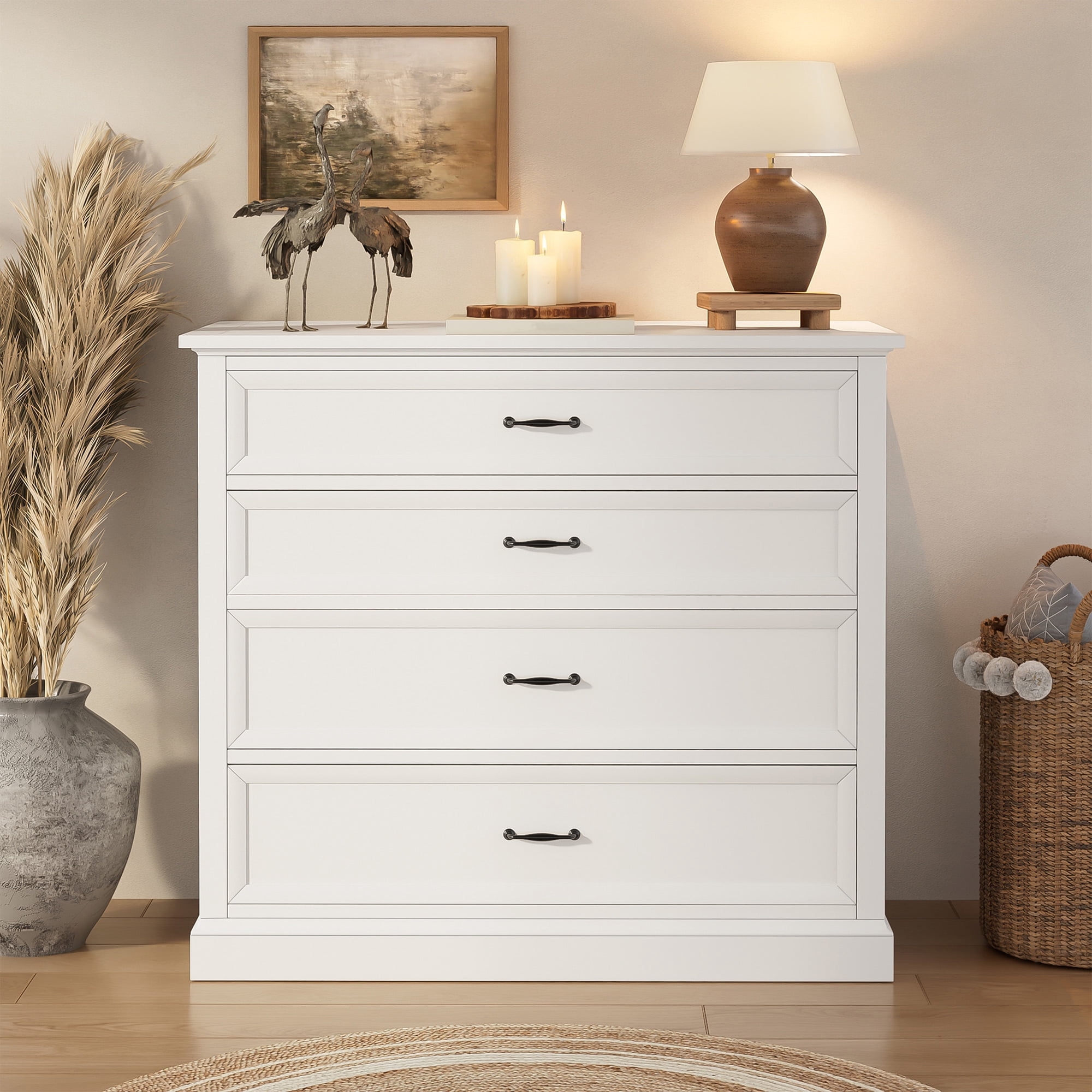 Mintazer 4 Piece Farmhouse Bedroom Set, Bedroom Furniture Set with Queen Size Platform Bed Frame and 2 Nightstands & Dresser for Bedroom, White