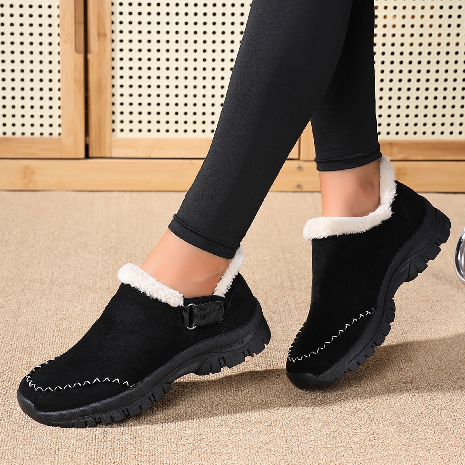 Dakaela Womens Winter Snow Boots Fleece Lined Hiking Slip on Loafers Sneakers Outdoor Plush Short Booties Shoes Black 6