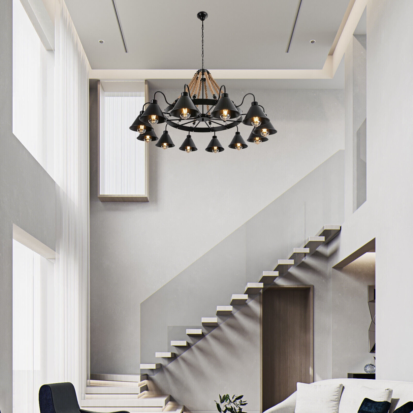 Hemp Rope Chandelier Ceiling Light Rustic Wheel Large Pendant Light Fixture Black for Living Room, Bedroom