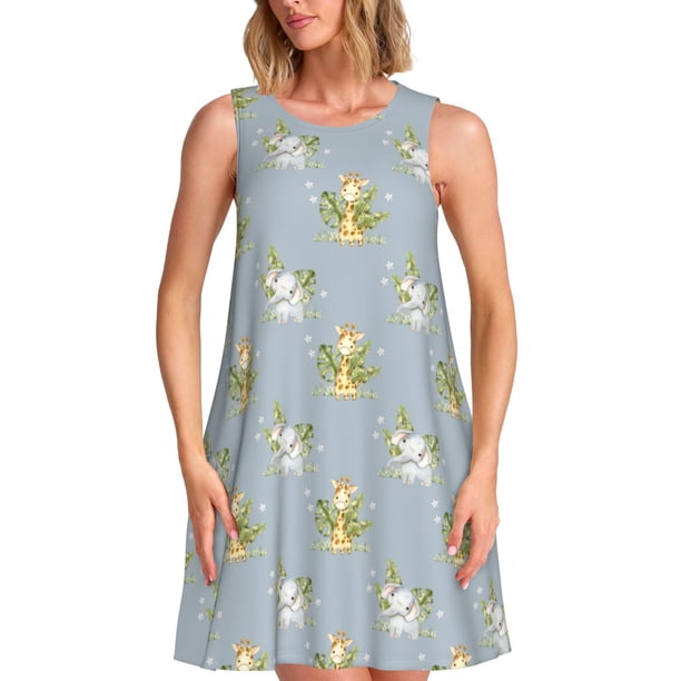 Fotbe Baby Elephant Giraffe Vestido de Verano sin Mangas para Mujer – Vestido Midi Línea A, Estilo Camiseta Floral, Vestido Playero Casual y Fluido