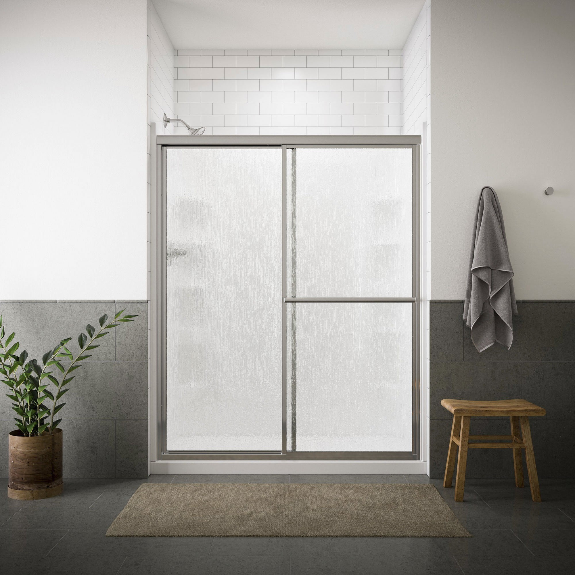 Sterling 5976 59s Deluxe 54 375 59 375 W X 70 H Sliding Shower Door Silver Rain Glass Texture Walmart Com