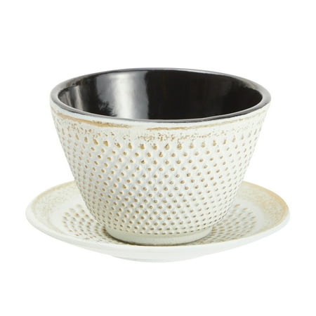 

White Cast Iron Teacup Set Japanese Style Tea Cup and Saucer Cup Mat Pad for Coffee Tea Gifts 100ml 3.38 Oz