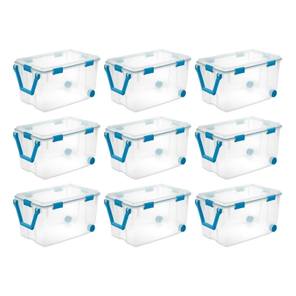 Sterilite 120-Qt Clear Plastic Wheeled Storage Bin w/ Gasket Latch Lid, 9 Pack