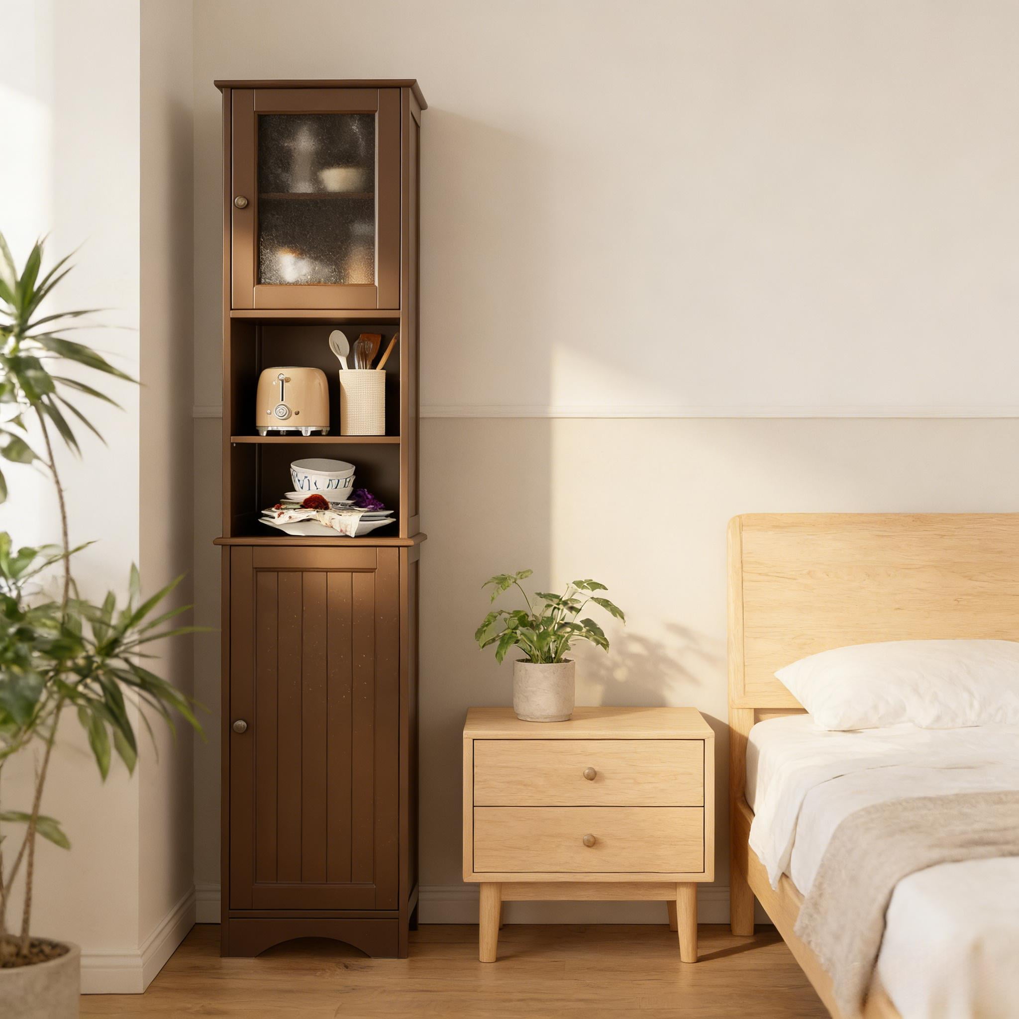 Tall Bathroom Storage Tower, 67.1" Bathroom Cabinet with Adjustable Shelves and Open Shelves for Bathroom, Living Room, Brown
