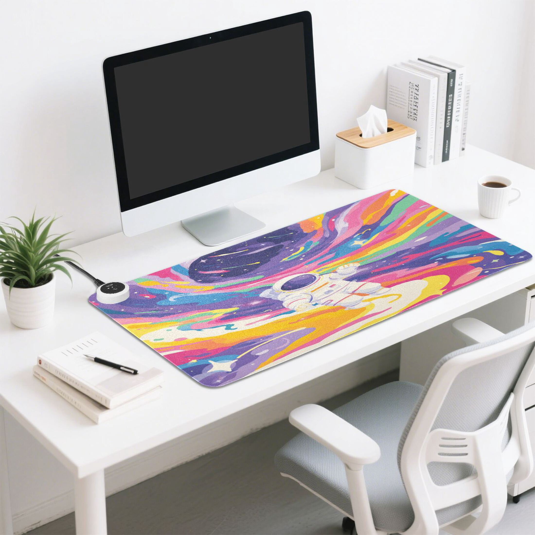 Large Heated Desk Mat Mouse Pad 31.5"x13"PU Leather Graphene Heating Desk Warmer with 3 Temperature Settings 110V US Plug Non-Slip Warm Pad for Home, Office, and Gaming Neon Swirl Astronaut Print