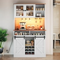 YITAHOME 72" H Buffet Sideboard Cabinet with Sliding Barn Door & Power Outlet, Farmhouse Coffee Bar Cabinet with Wine Glass Rack & LED Light Strip, Bar Cabinets for Kitchen, Living Room (White)