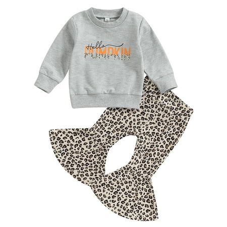 

Wallarenear 2Pcs Baby Girls Halloween Letter Print Sweatshirt Tops Leopard Flared Pants
