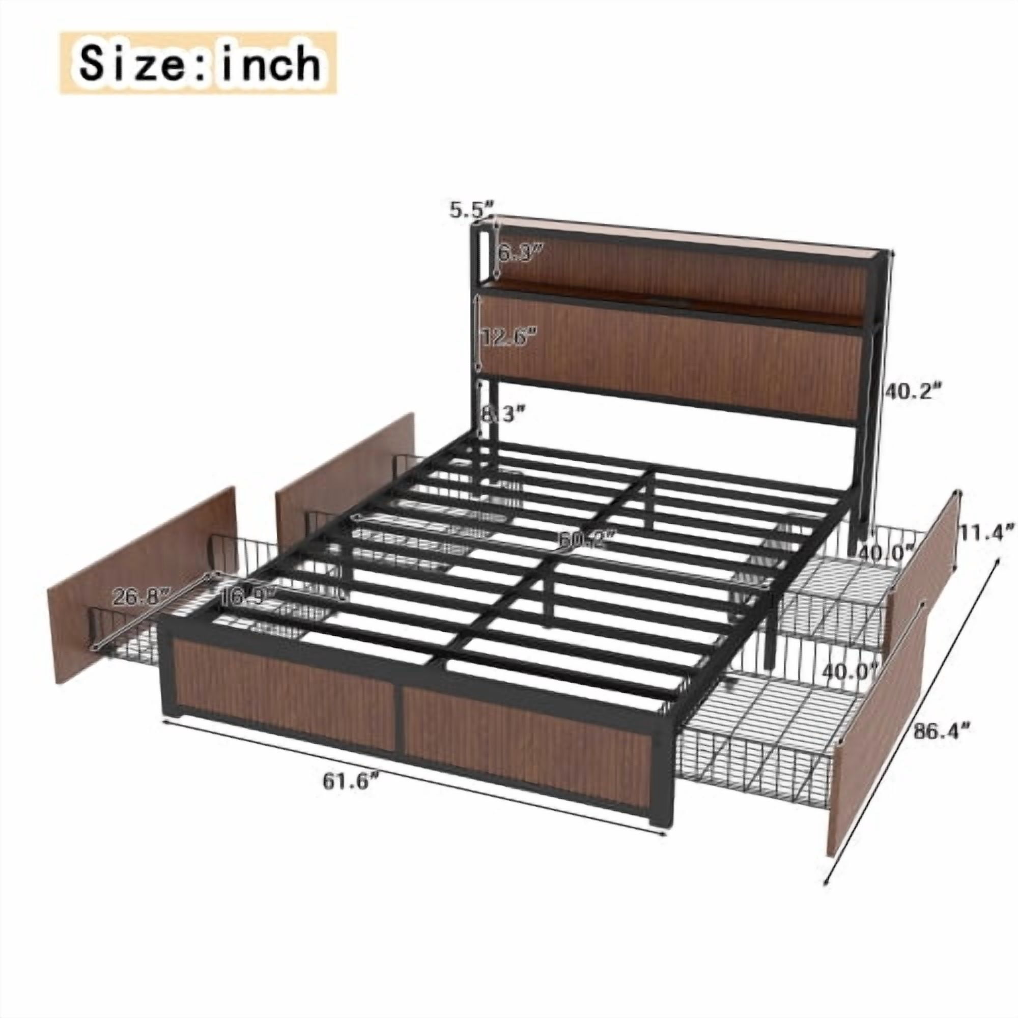 Euroco Wood Queen Size Platform Bed with Drawers, Storage Headboard with USB Ports, Brown