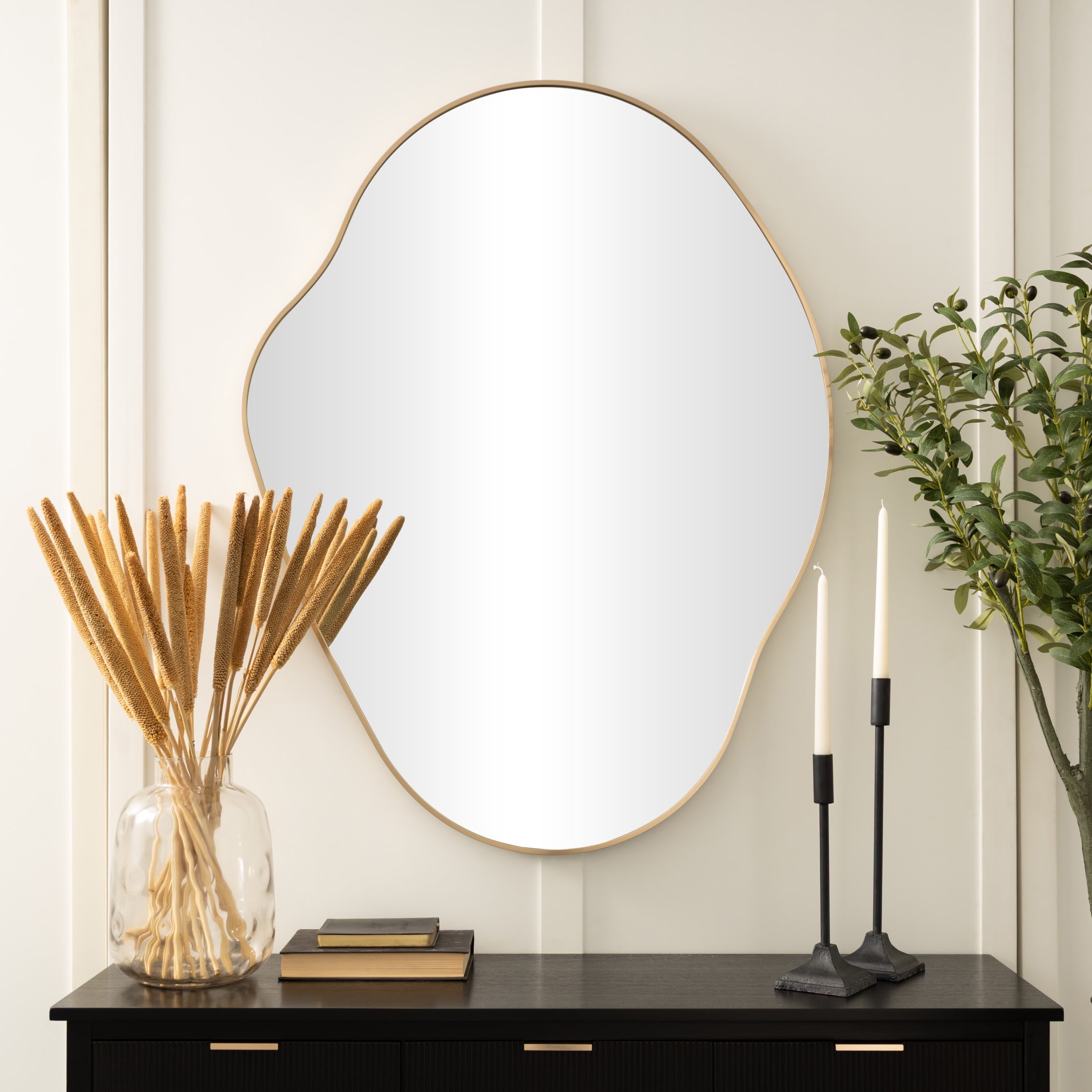 DecMode 32" x 42" Gold Wavy Abstract Wall Mirror