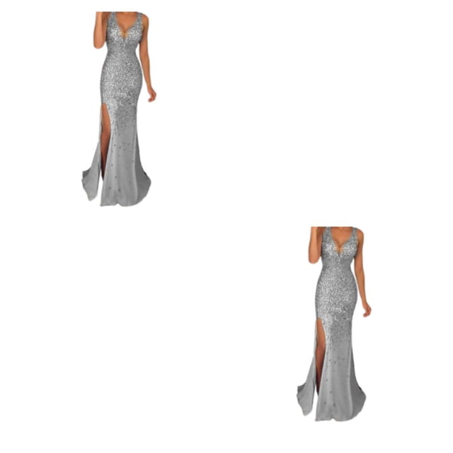 QualitChoice Robe de Soirée Tenue de Fête Vêtement Festif Col en V Longue Fente pour Bal Cocktail Fin Lavable Robe de Bal Exquise Argent TG 2 Pcs