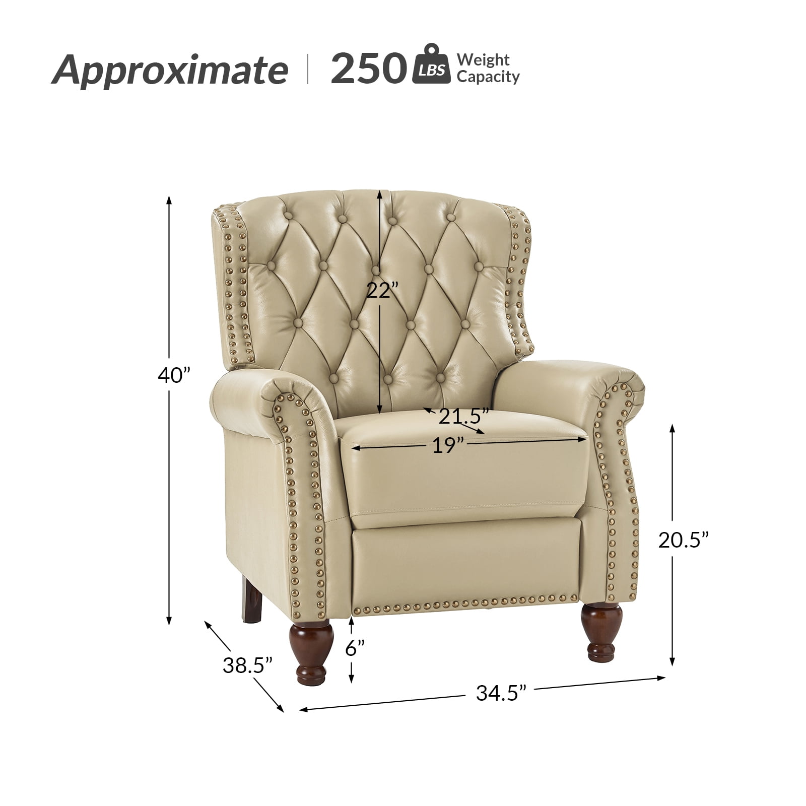 Traditional Genuine Leather Push Back Wingback Recliner Chair Tufted with Nailhead Trims and Solid Wood Legs for Living Room Beige