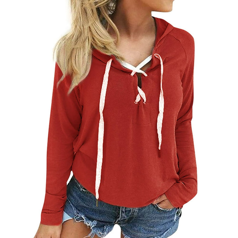 ZXZY - Women Lace Up V Neck Long Sleeve Solid Color Hoodie - Walmart ...