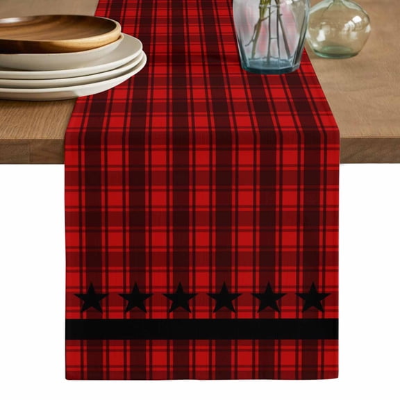 Red Black Plaid Table Runner, Country Vintage Star Abstract Gingham Washable Cotton Linen Table Runners 60 Inches Long, Dresser Scarf Runner for Coffee/TV Stands/Kitchen/Cabinets 13''x60''