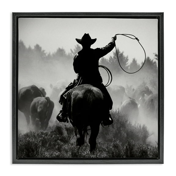 Stupell Industries Cowboy Swinging Lasso People Photography Black Floater Framed Canvas Art Print Wall Art, 18 x 18