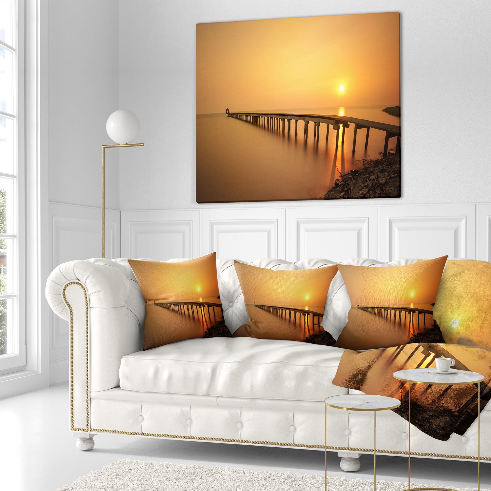 Designart Old Wooden Pier Long to Evening Sea - Pier Seascape Throw Pillow - 16x16