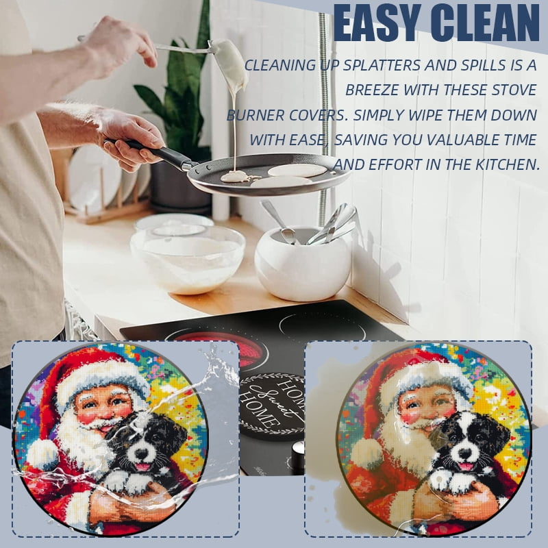 Christmas Round Electric Stove Burner Covers, Santa Claus with Cute Puppy Christmas Decorative Metal Gas Stove Burner Covers Set of 4 for Kitchen Holiday, 8 Inches and 10 Inches