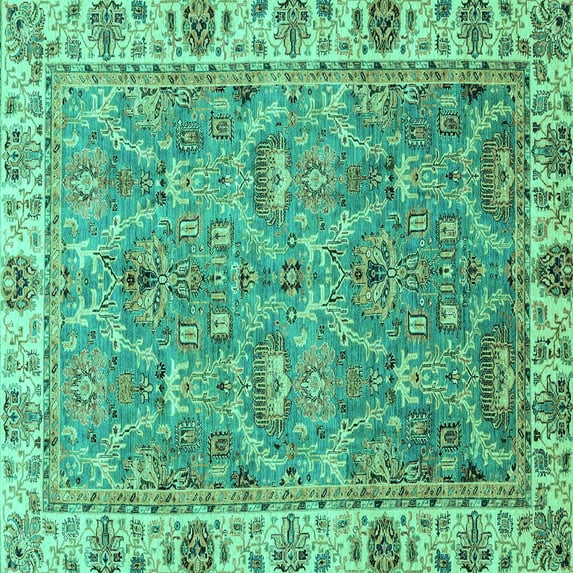 Ahgly Company Machine Washable Indoor Square Oriental Turquoise Blue Traditional Area Rugs, 5' Square