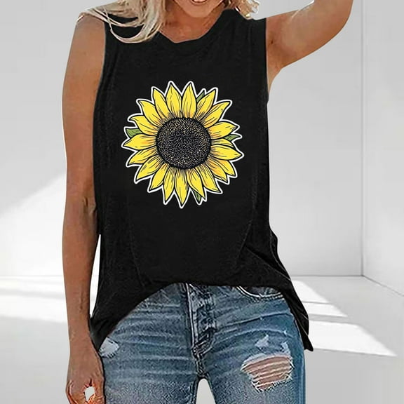Zedker Shirts for Women Sunflower or Flower Graphic Tank Top Casual Sleeveless Round Neck Summer Tee Black Plus L