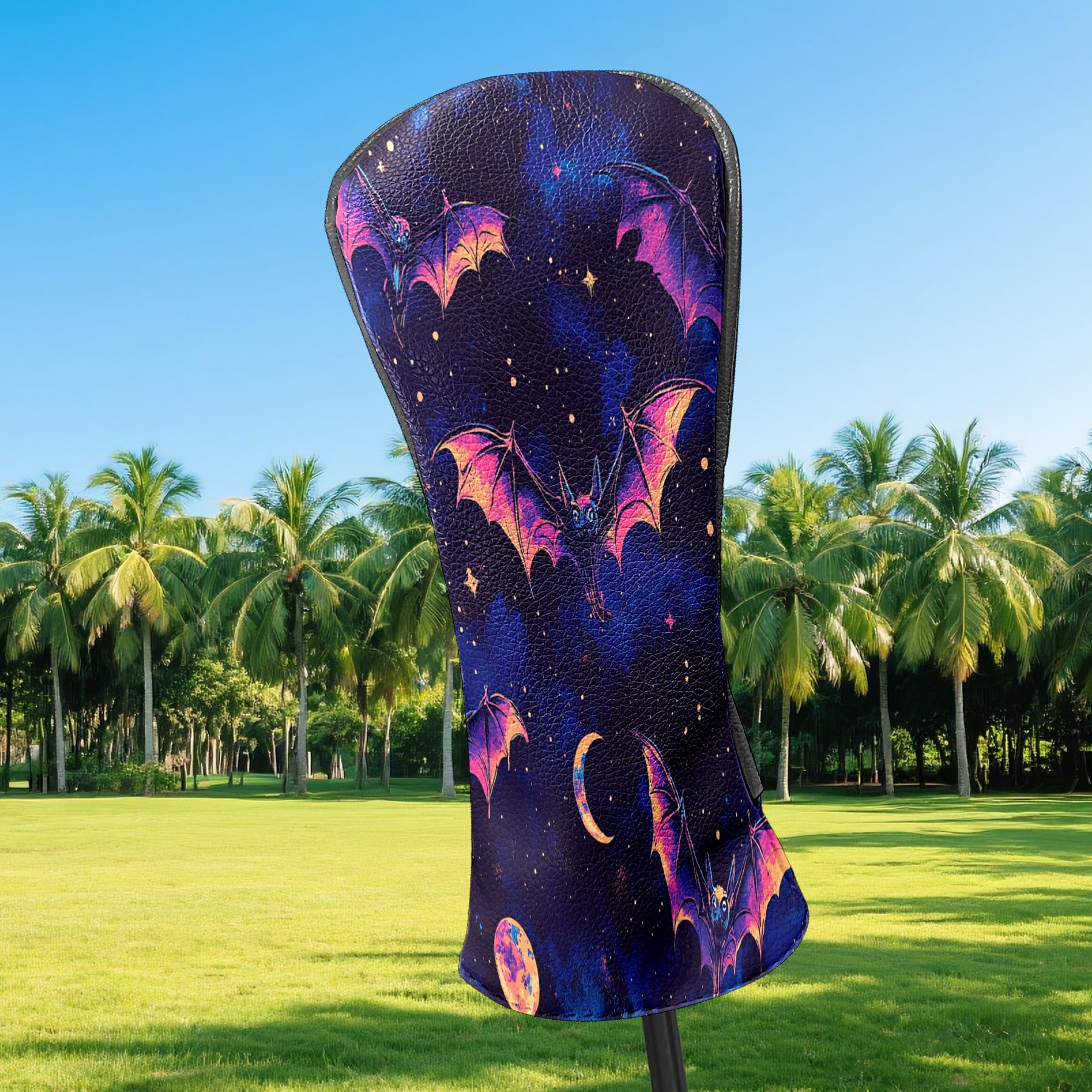 Golf Club Head Covers - Galaxy Purple Bat Design, Premium PU Leather Driver Hybrid Headcovers with Velvet Lining, Waterproof Golf Gifts for Men Women