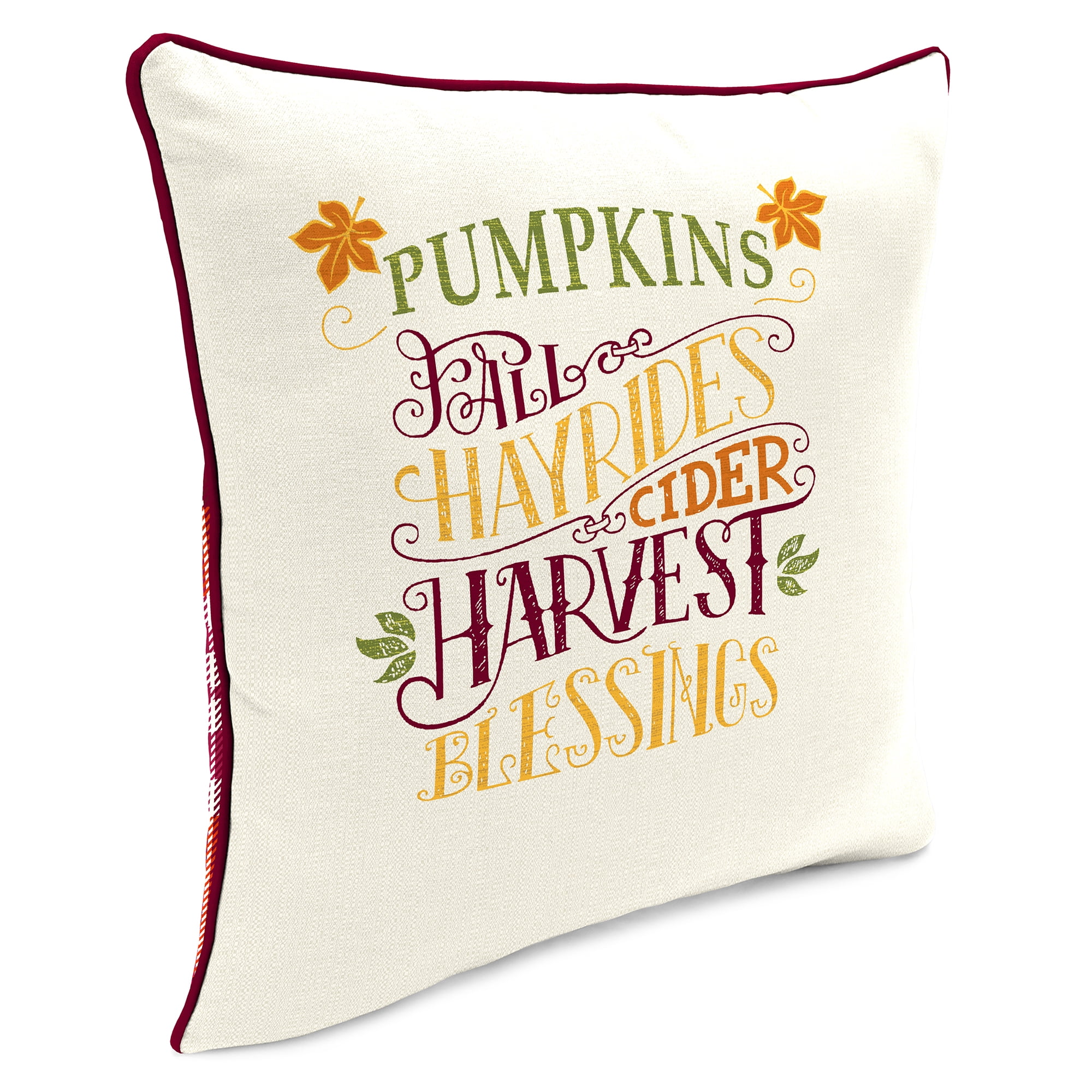 Mainstays Harvest Blessings Reversible Outdoor Throw Pillow, 16", Cream Novelty and Burgundy Plaid