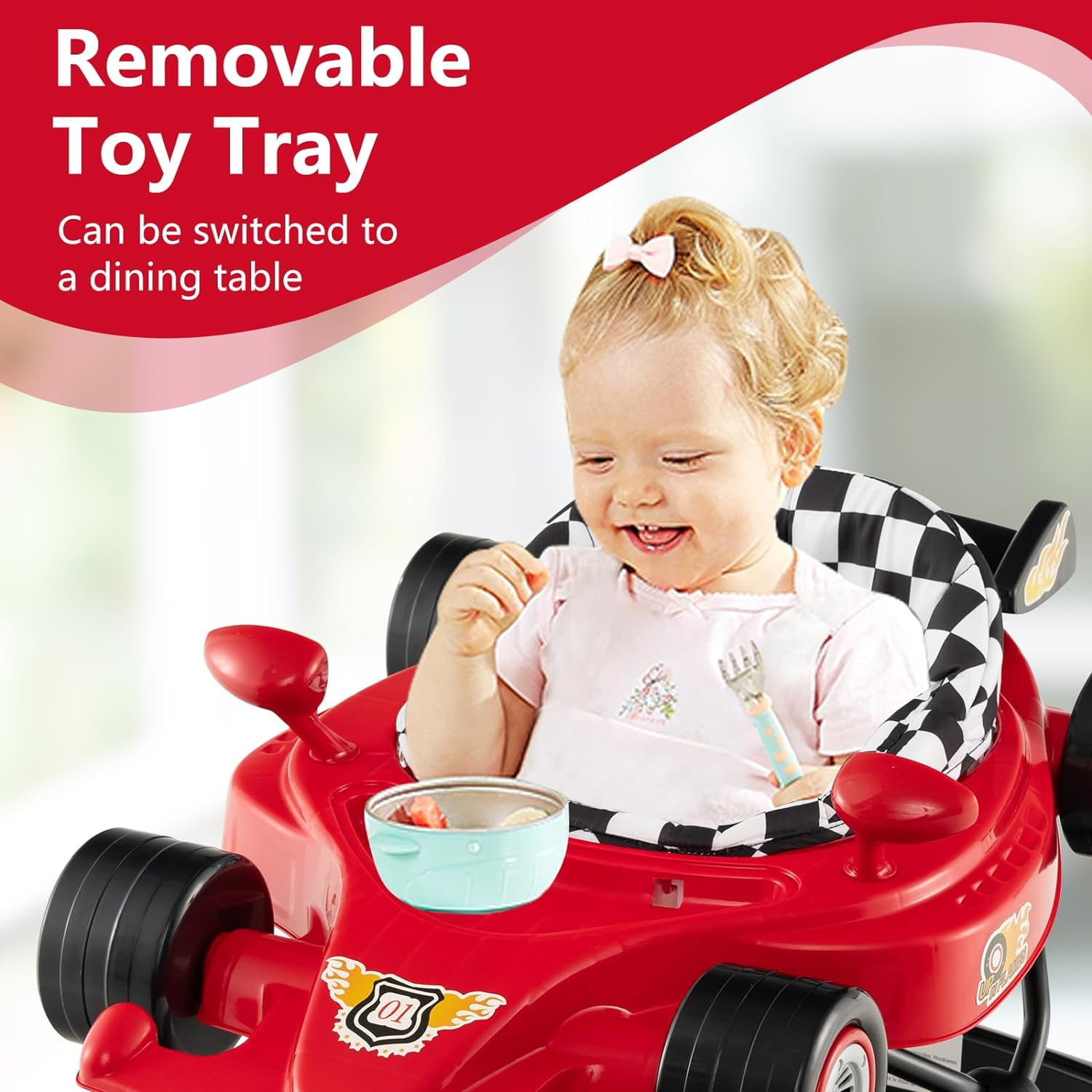 INFANS Foldable Baby Walker, Toddler Activity Center Leaning-Seated Walk-Behind with Steering Wheel, Adjustable Height, Lights, Music, Washable Seat Cushion (Red)