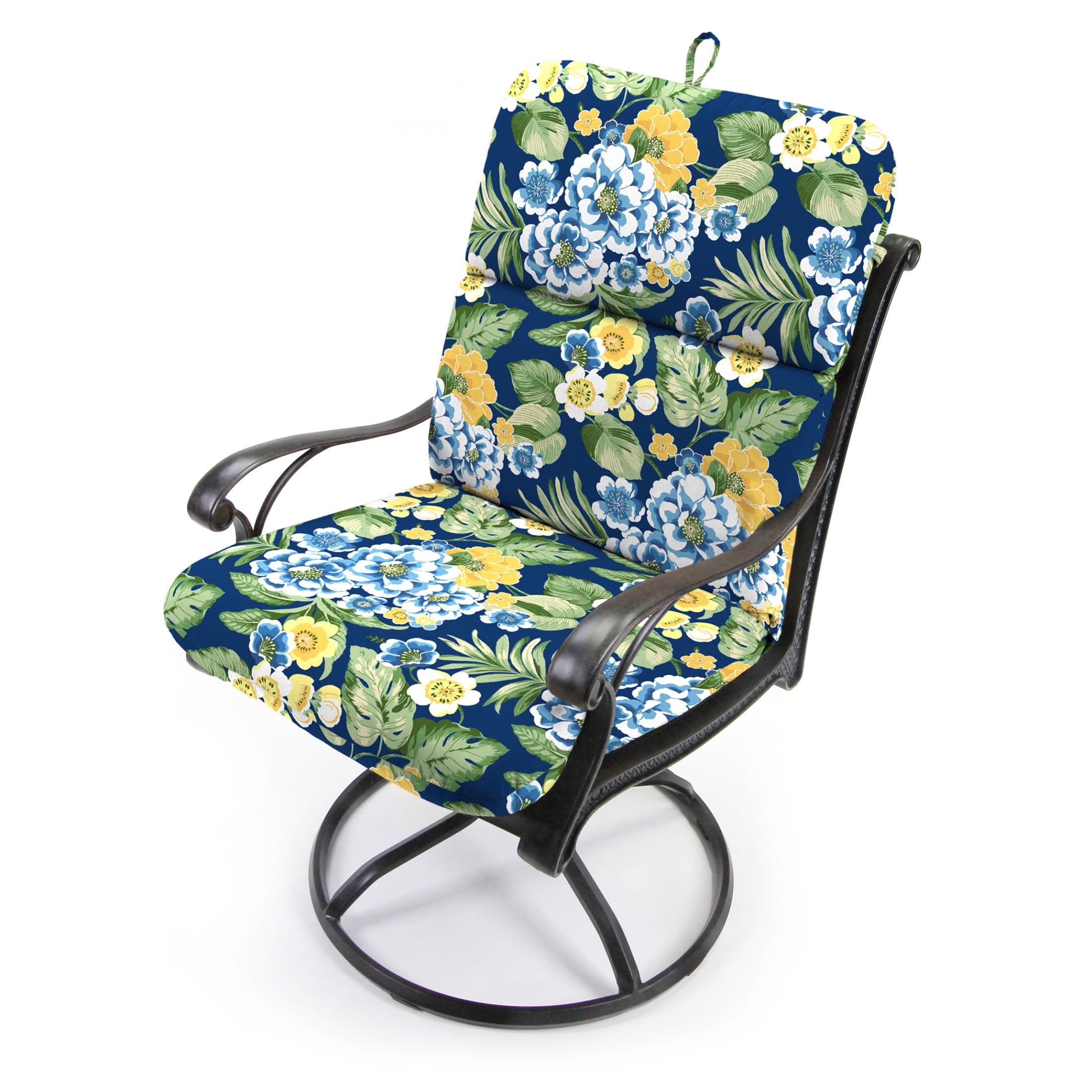 Jordan Manufacturing 45" x 22" Binessa Lapis Blue Floral Rectangular Outdoor Chair Cushion with Ties and Hanger Loop