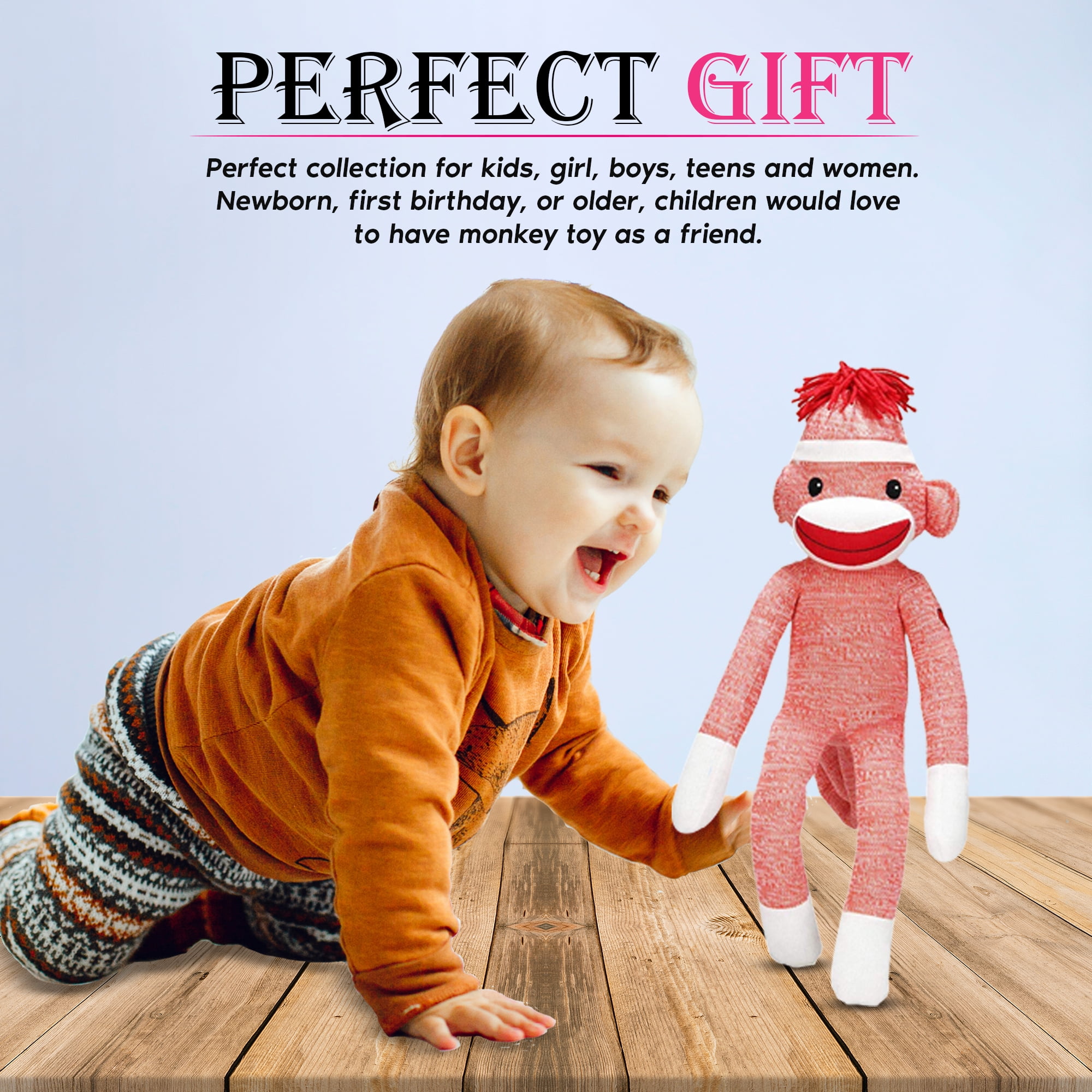 Made by Aliens Adorable Orange Sock Monkey, The Original Traditional Hand Knitted Stuffed Animal Toy Gift-for Kids, Babies, Teens, Girls and Boys Baby Doll Present Puppet 20 Inches