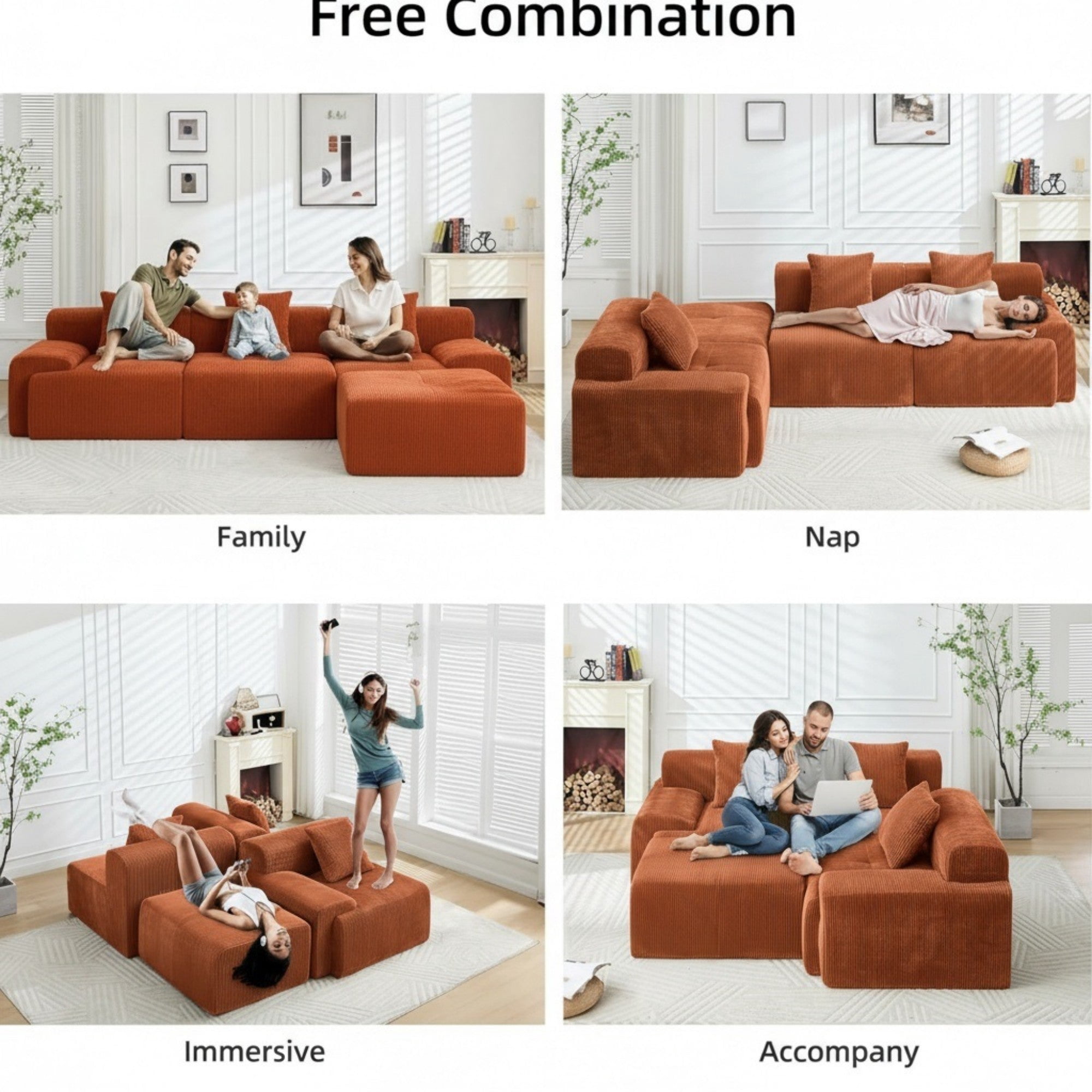 Sailvan 118"" Modern L-Shaped Modular Sectional Sofa, Corduroy Boneless Cloud Couch with Deep Seat and Moveable Ottoman, No Assembly Required