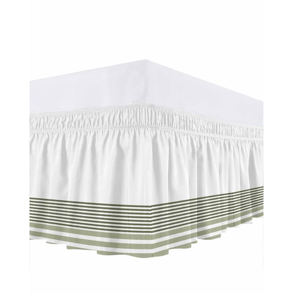 Sage Green Striped Bed Skirt Queen Size, Modern Farmhouse Stripes Wrap Around Bed Skirting with Adjustable Elastic Strap, Dust Ruffle Pleated Bedskirts 16 Inch Drop for Bedroom Queen Beds