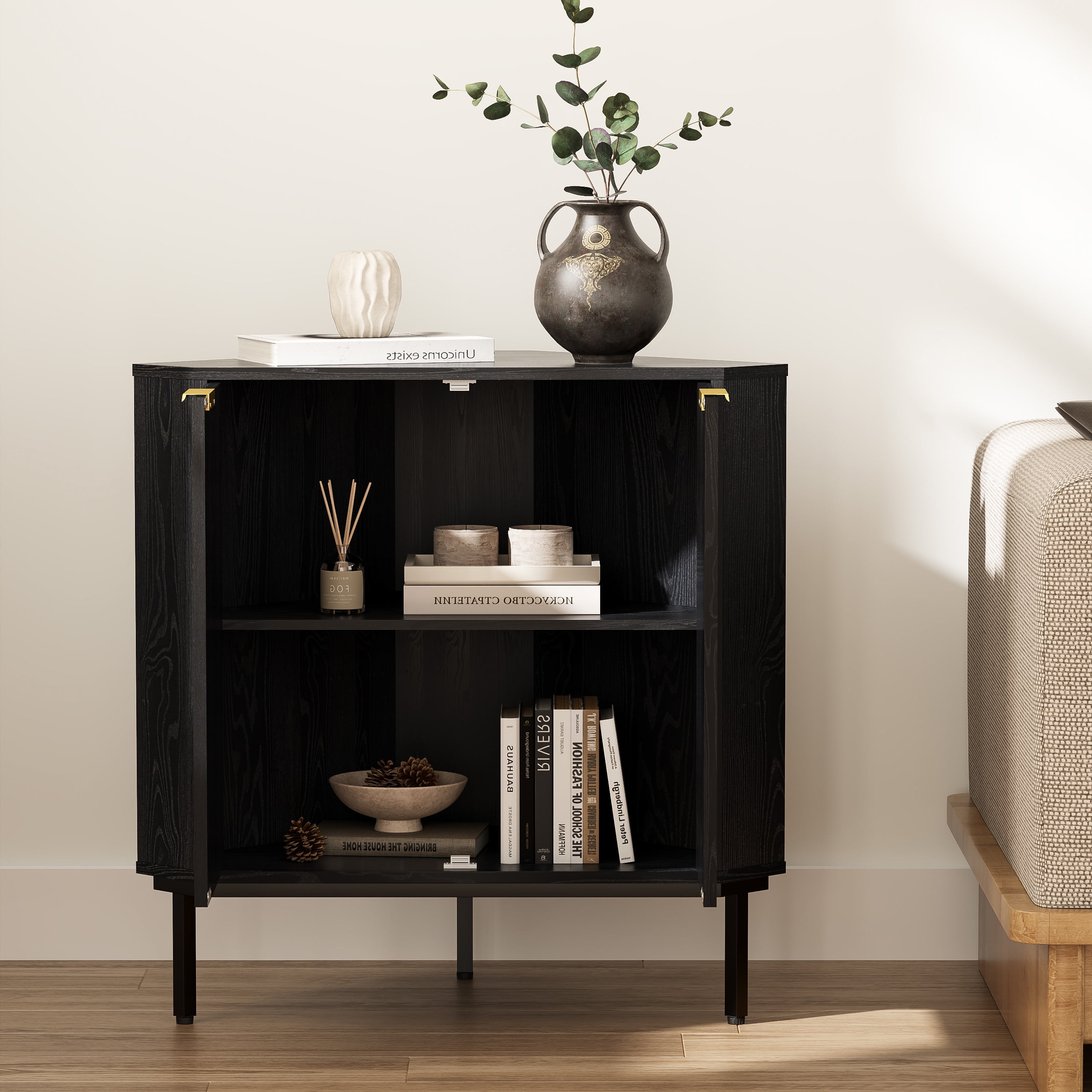 Joyyskill Modern Corner Cabinet, Fluted Small Floor Storage Cabinet with Adjustable Shelf, Freestanding Narrow Organizer for Living Room, Black