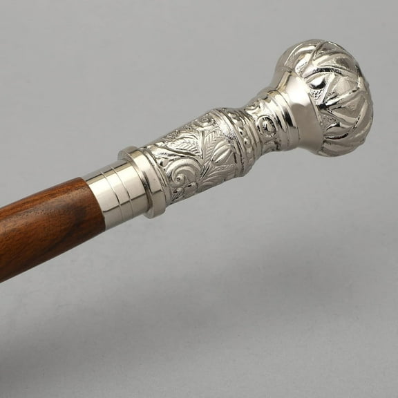 Vinatge Wooden Walking Cane Wooden Walking Stick for Seniors Silver Brass Handle Rosewood Brown Shaft Cane Walking Cane for Men and Women