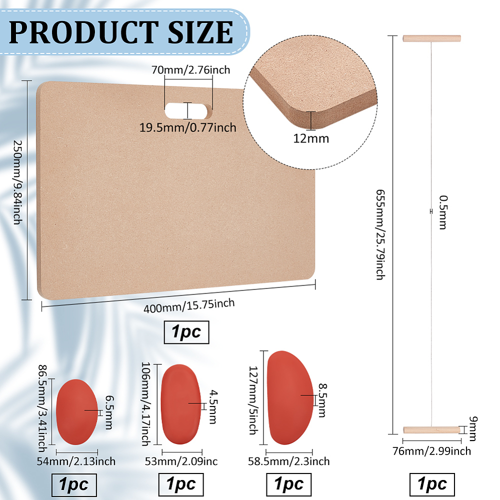 1bag DIY Clay Ceramic Craft Jewerly Tool Kit Including Portable Clay Wedging Board MDF Wood Mud Mat Silicone Molds and Wooden Carving Curved Clapper Mixed color