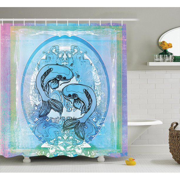 Japanese Decor Shower Curtain Set By , Soul Mate Ethnic Oriental Exotic Fishes On Gradient Round