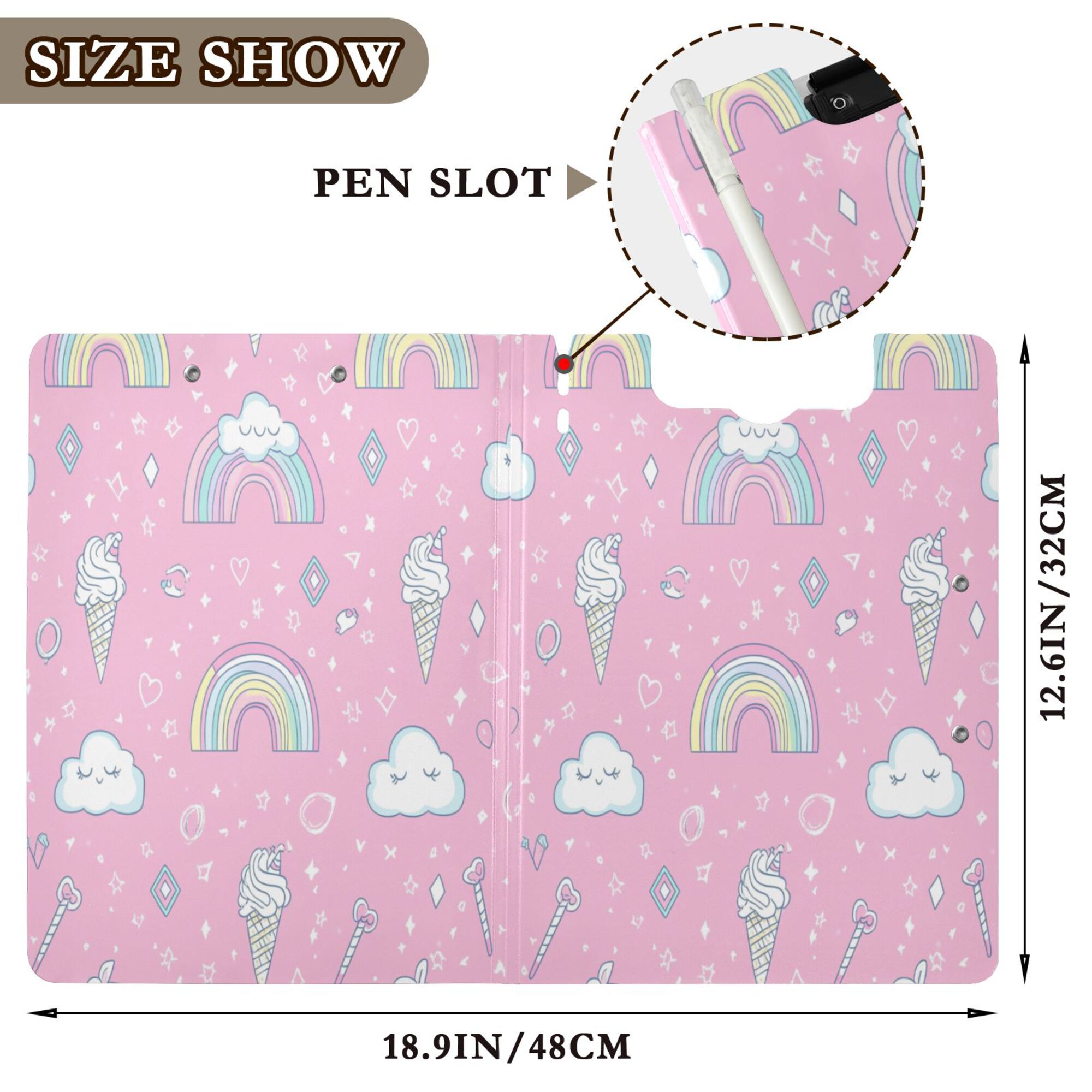 FORMRS A4 Clipboard Folder with Pen Holder Horizontal Foldable School Office Binder, Ice Cream Rainbow Pattern
