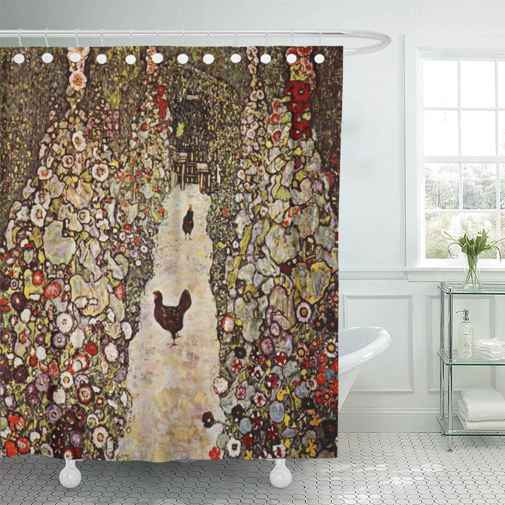 72"L×72"H Bathroom Shower Curtain With Hooks Flower Garden by Gustav Klimt 