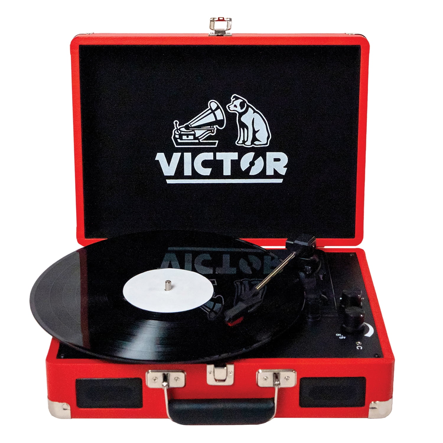 Victor 2-Watt Metro 3-Speed Belt-Drive Manual Suitcase Turntable with Built-in Speakers, Bluetooth In/Out, Aux In, and 45-RPM Adapter , Red