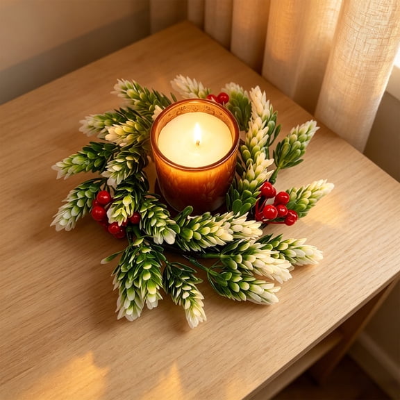Christmas Candle Ring Wreath, Artificial Flower Candle Centerpiece, Holiday Table Decor for Dining Table Wedding Party Fireplace