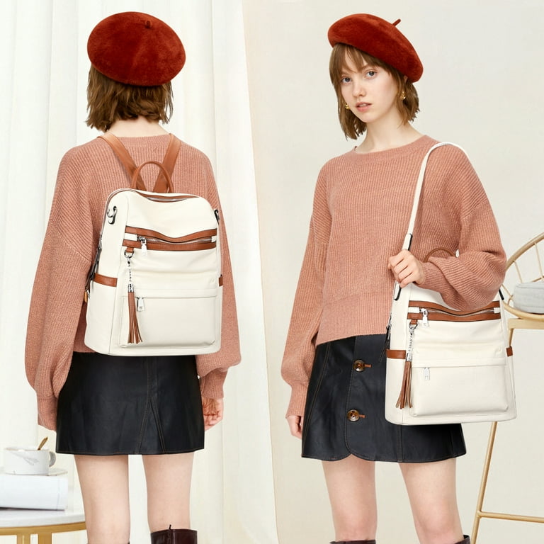 beige genuine leather backpack (2 pack) ALTOSY Genuine Leather Backpack Purse Elegant Convertible Shoulder  Bag for Women S108 Beige/Brown