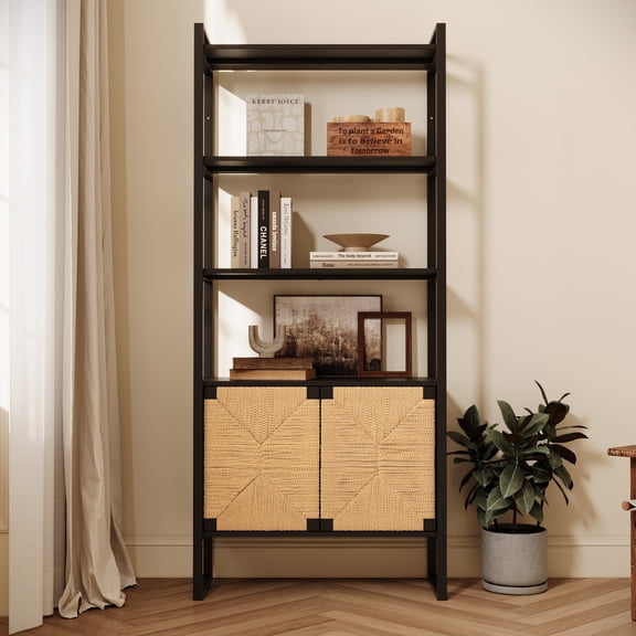 Aukfa Rattan Storage Cabinet Wooden Bookshelf with Woven Doors & Open Shelves for Living Room/Entryway/Bedroom,Black