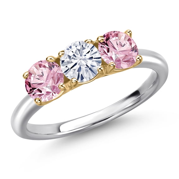 Gem Stone King 10K Two Tone Gold White Moissanite and Pink Lab Grown Diamond Engagement Ring for Women | 1.50 Cttw | Round 5MM | Gemstone Birthstone | Size 5