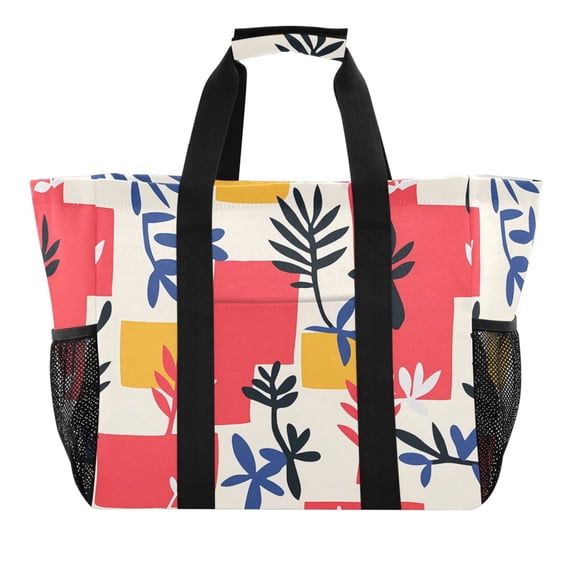 Reusable Grocery Bags with Handle Side Pocket Waterproof Shopping Portable Tote Colorful Plants and Squares