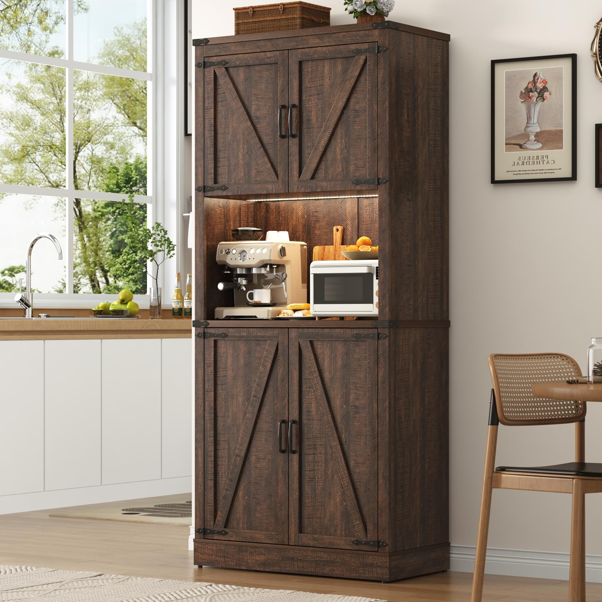 72" Tall Farmhouse Kitchen Pantry Cabinet with 10 Side Shelves and LED Light & Power Outlet, 5 Layers Pantry Storage Cabinet with Barn Doors&Load-Bearing Steel Pipe for Dining Room,Living Room,White
