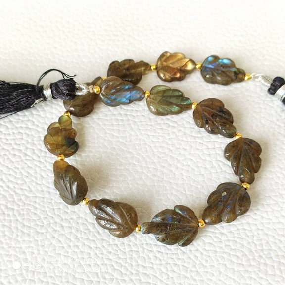 THE GEMS GRID Natural Labradorite Leaf Carved Beads – 9x13mm to 10x13mm Pear Shape Gemstones, 8" Tassel Strand for Jewelry Making & Crystal Crafts