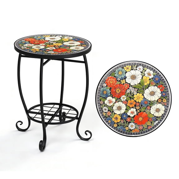 Ktaxon Floral Mosaic Outdoor Side Table with Lower Shelf, 14" Round Patio Accent Table, Colorful Flower Tile Top with Black Metal Frame, Small Garden Side Table for Balcony, Porch, Backyard