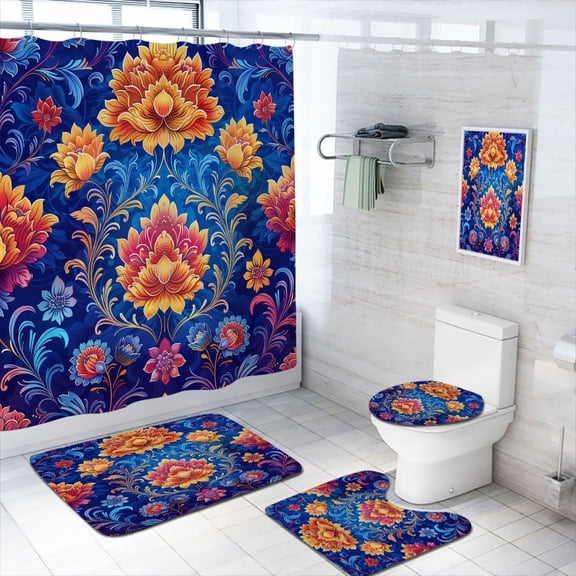 4 Pcs Bohemian Shower Curtain Set with Non-Slip Rugs, Toilet Lid Cover and Bath Mat Colorful Thailand Mandala Tye Dye Flower Boho Shower Curtain with 12 Hooks, Durable Bathroom Decor Set
