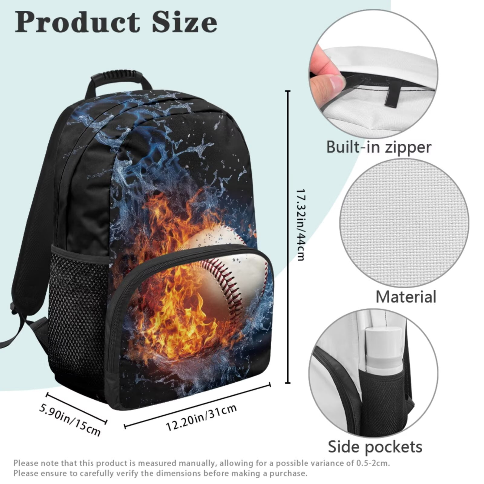 Pzuqiu Fire Baseball Backpack for Girls 8-12 Boys Backpacks with Lunch Box Kids Bookpack Double Shoulder Bag, 4 Piece Backpack Pencil Case 17 Inch Rucksack Travel Bag for Teens