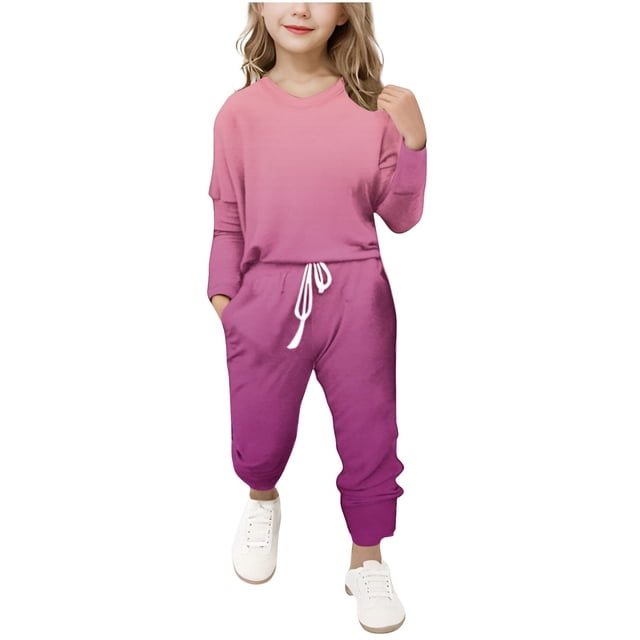 Diufon Girls Athletic Sets Spring Summer Gradient Color Long Sleeve Tops and Drawstring Pants with Pockets