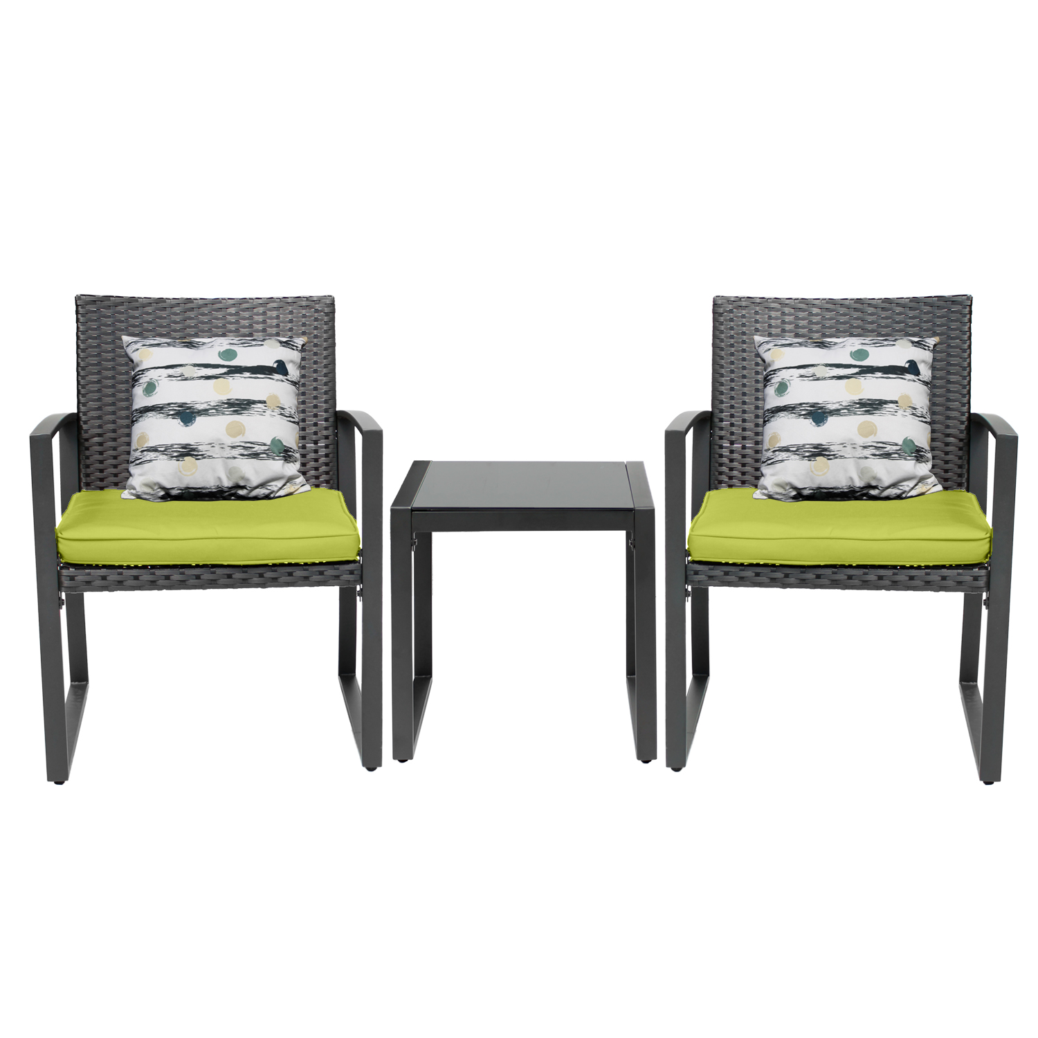 Outdoor 3-Piece Dialog Bistro Set Black Wicker Furniture-Two Chairs with Glass Coffee Table Green - image 2 of 7